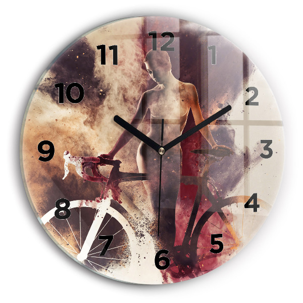 Round glass wall clock Woman and bike