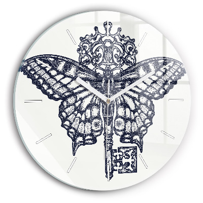 Round glass wall clock Butterfly and key - boho style