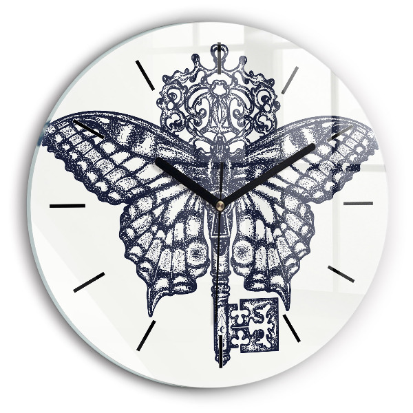 Round glass wall clock Butterfly and key - boho style