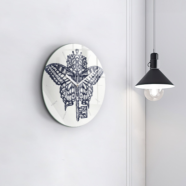 Round glass wall clock Butterfly and key - boho style