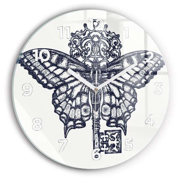 Round glass wall clock Butterfly and key - boho style