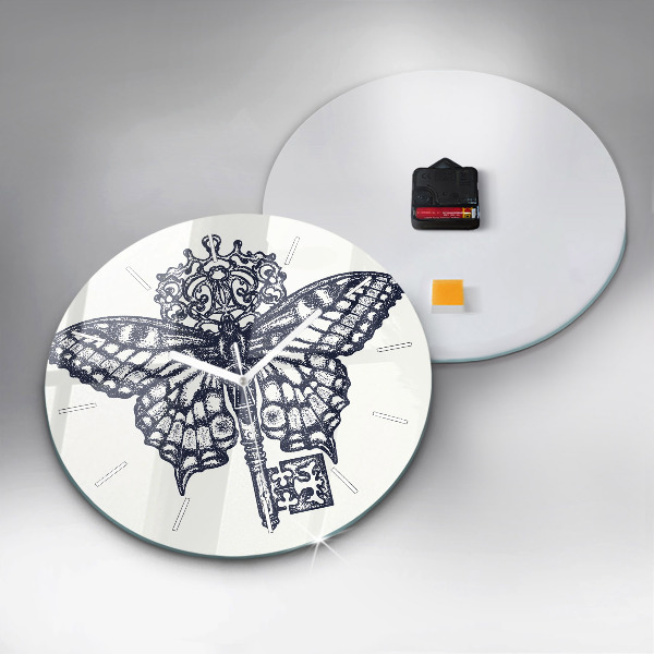 Round glass wall clock Butterfly and key - boho style