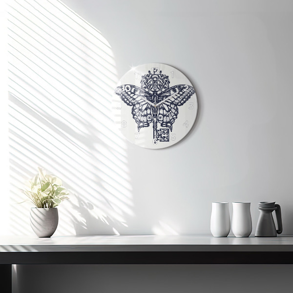 Round glass wall clock Butterfly and key - boho style