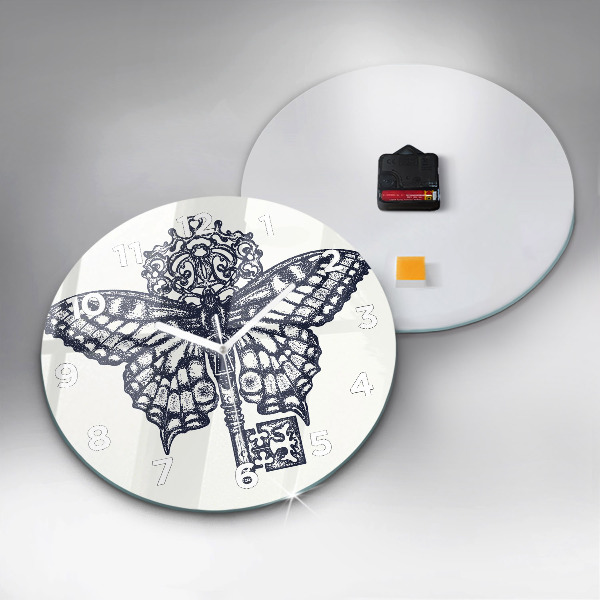 Round glass wall clock Butterfly and key - boho style