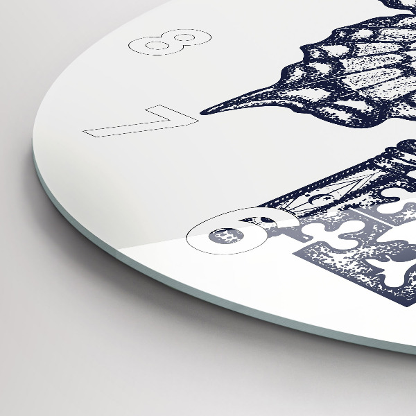 Round glass wall clock Butterfly and key - boho style