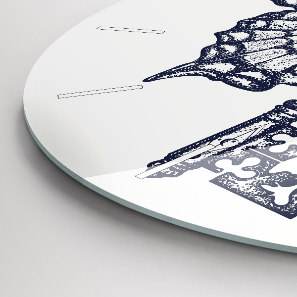 Round glass wall clock Butterfly and key - boho style