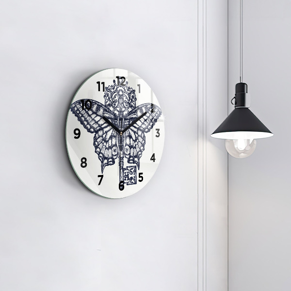 Round glass wall clock Butterfly and key - boho style