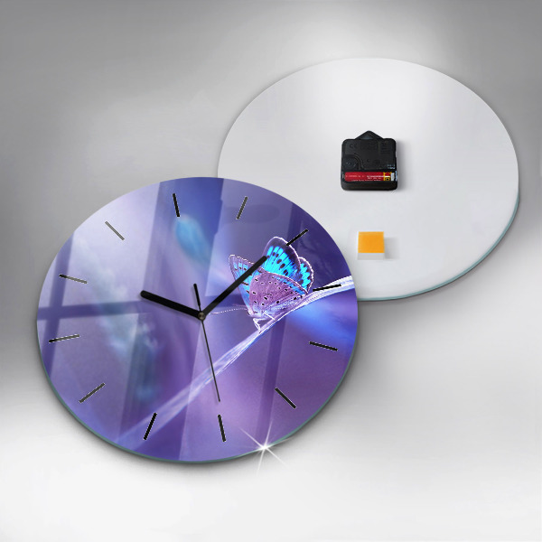 Round glass wall clock Butterfly on the grass