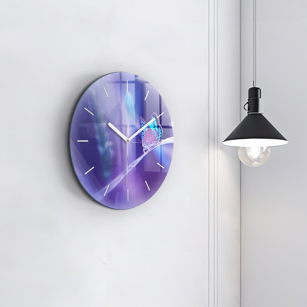 Round glass wall clock Butterfly on the grass