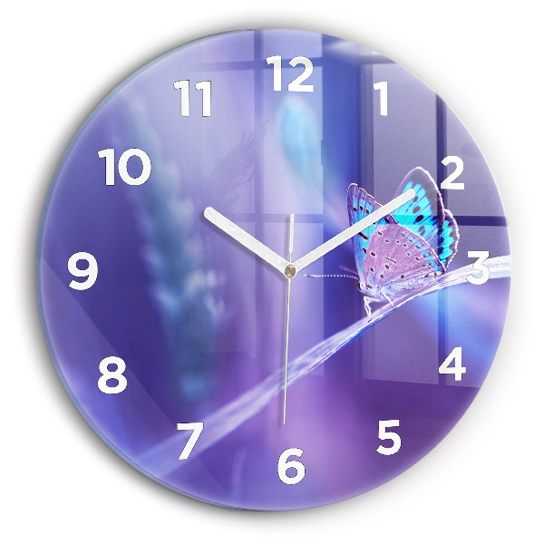 Round glass wall clock Butterfly on the grass