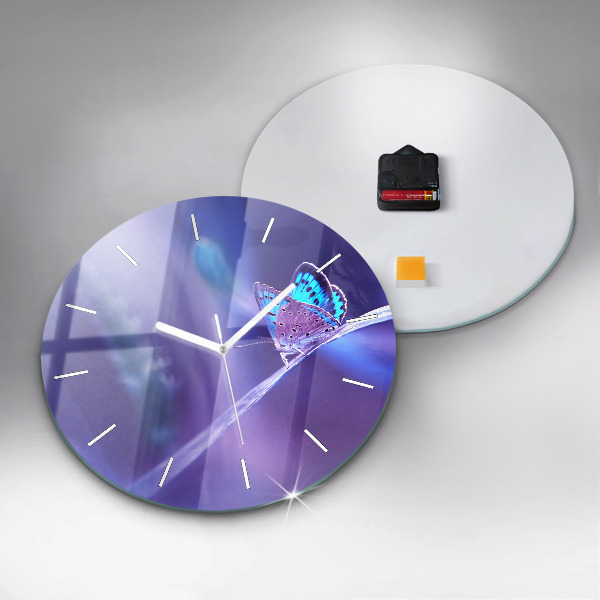 Round glass wall clock Butterfly on the grass