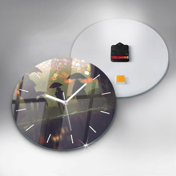 Round glass wall clock People with umbrellas