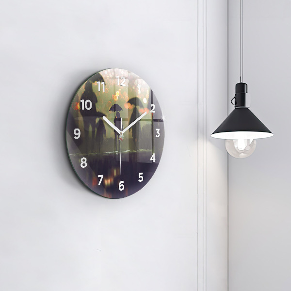 Round glass wall clock People with umbrellas