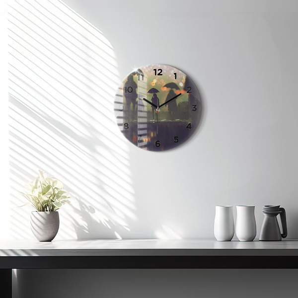 Round glass wall clock People with umbrellas