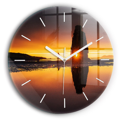 Round glass wall clock Runner and sunset