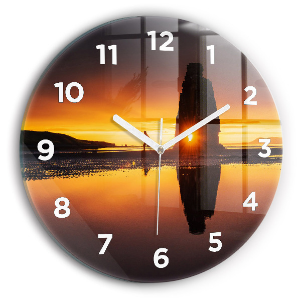 Round glass wall clock Runner and sunset