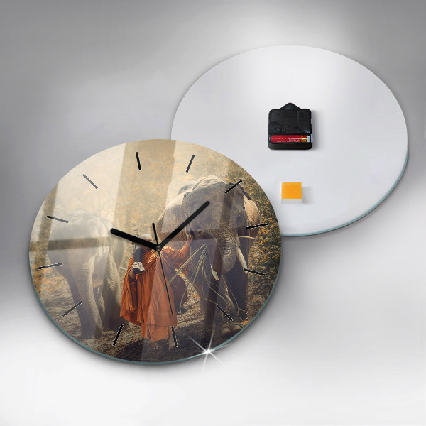 Round glass wall clock Monk leading elephants