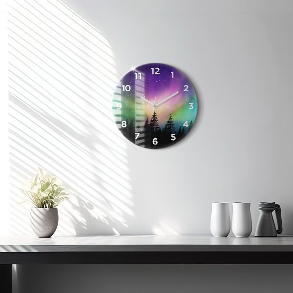 Round glass wall clock Northern lights
