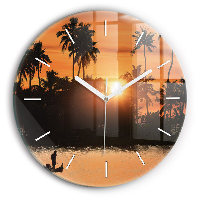 Round glass wall clock Sunset and palm trees