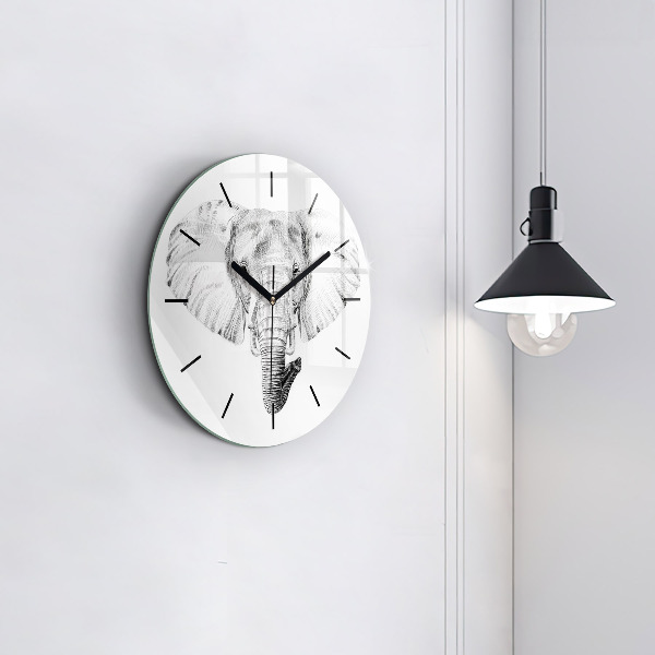 Round glass wall clock Graphic elephant head