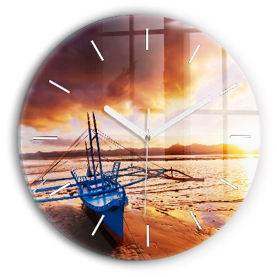 Round glass wall clock Boat and sunset
