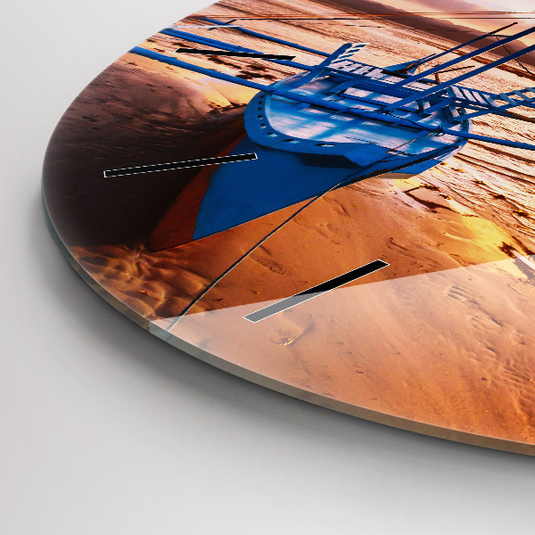 Round glass wall clock Boat and sunset