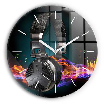 Round glass wall clock Headphones and sound waves