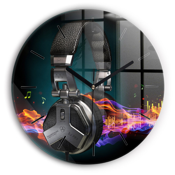 Round glass wall clock Headphones and sound waves