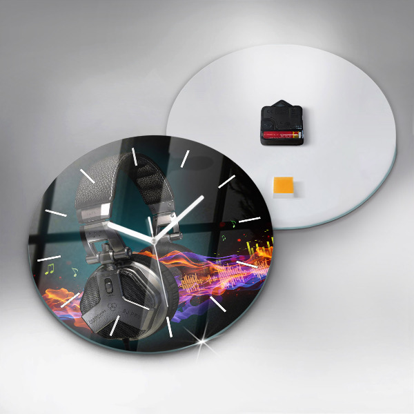 Round glass wall clock Headphones and sound waves