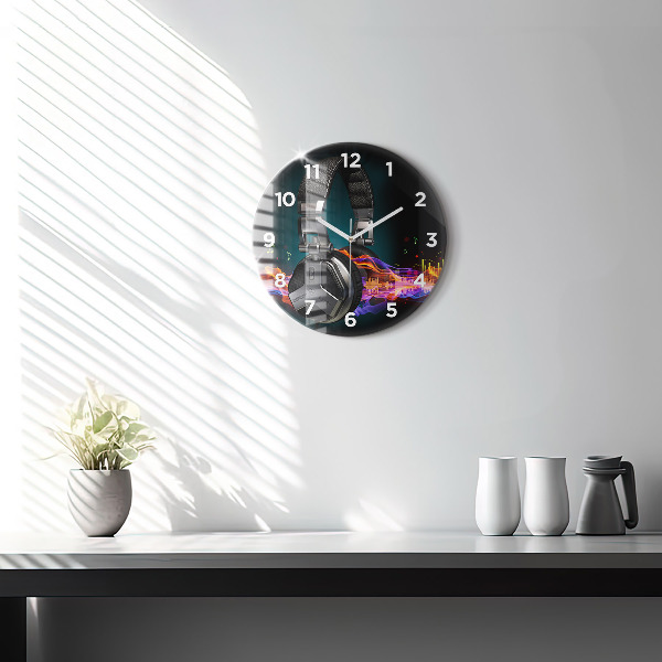 Round glass wall clock Headphones and sound waves