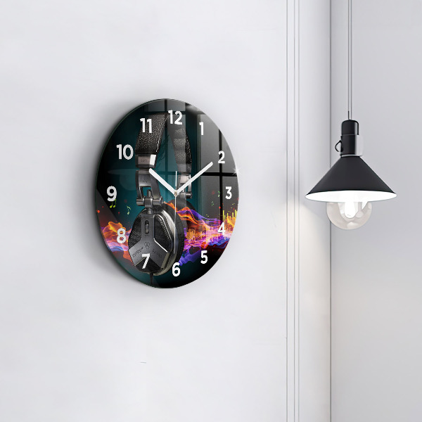 Round glass wall clock Headphones and sound waves