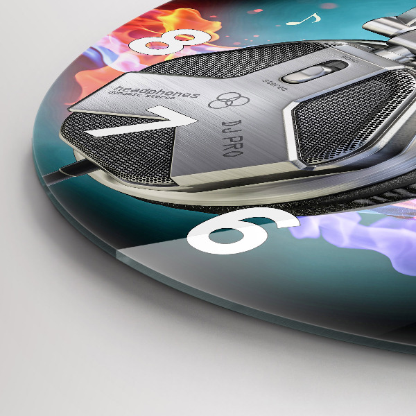 Round glass wall clock Headphones and sound waves