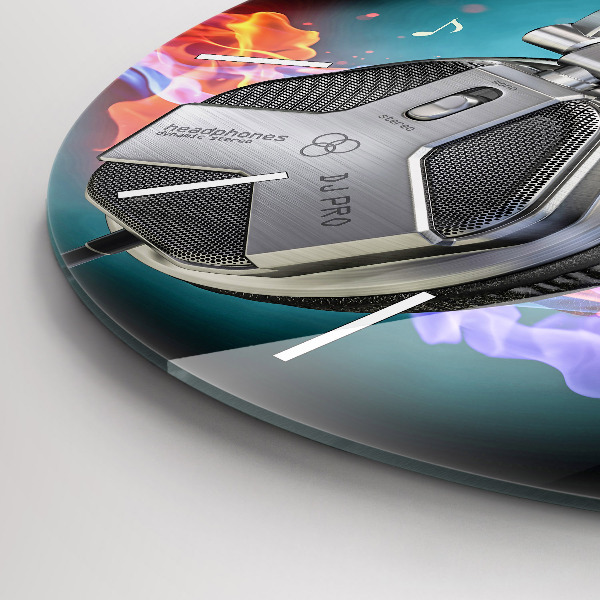 Round glass wall clock Headphones and sound waves
