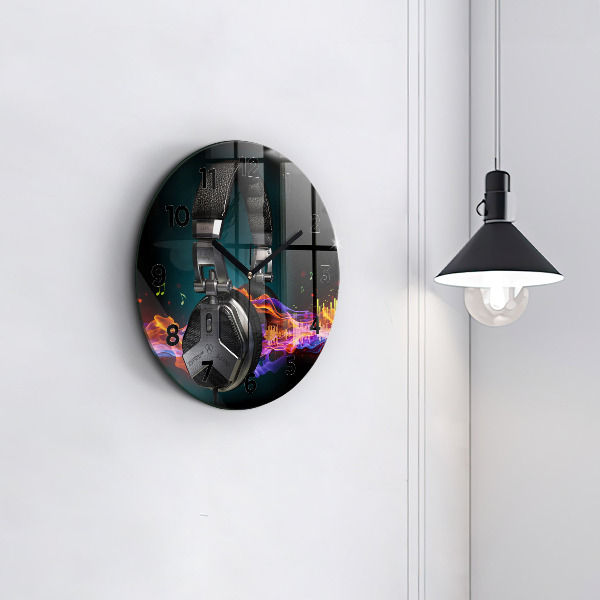 Round glass wall clock Headphones and sound waves