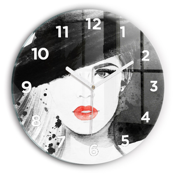 Round glass wall clock Woman in a hat