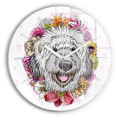 Round glass wall clock Happy dog in flowers