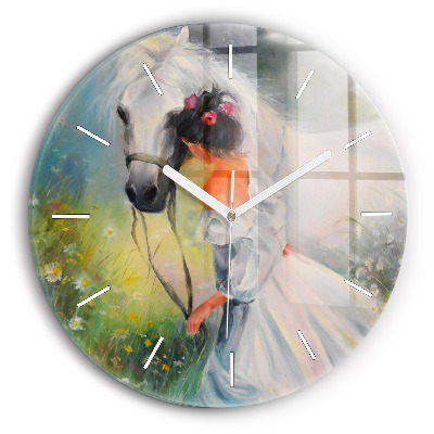 Round glass wall clock Beautiful woman with a horse