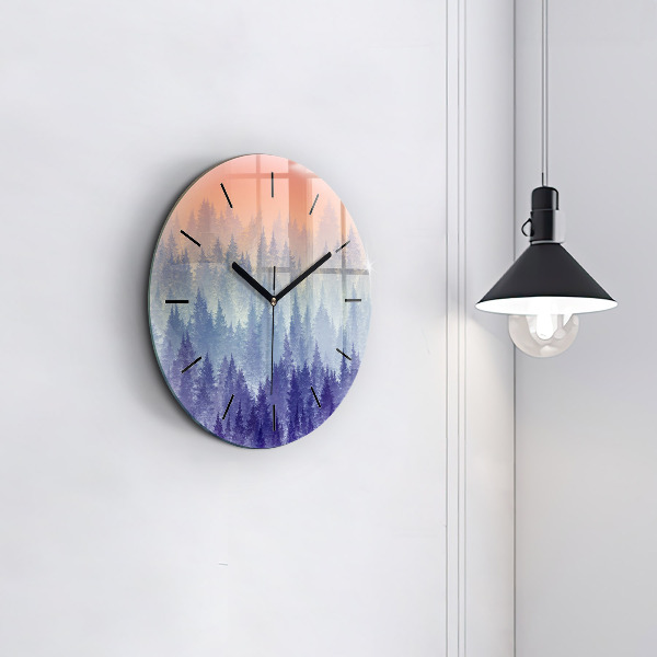 Round glass wall clock Forest in the fog