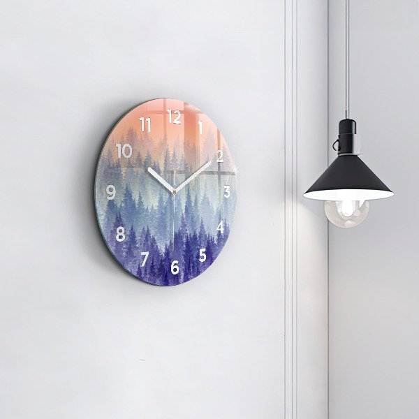 Round glass wall clock Forest in the fog