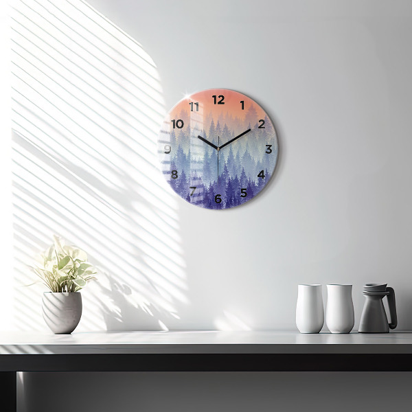 Round glass wall clock Forest in the fog