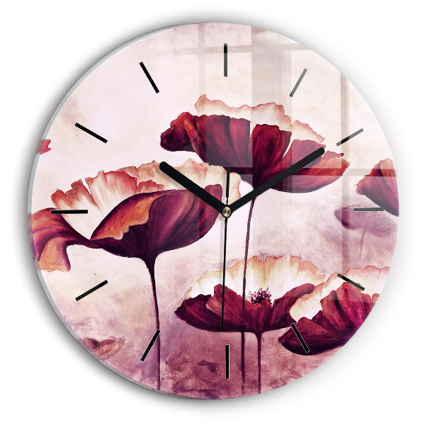 Round glass wall clock Blooming poppies