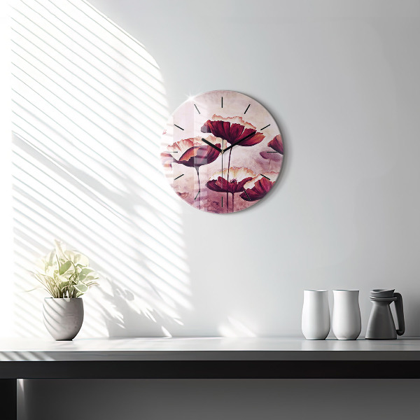 Round glass wall clock Blooming poppies