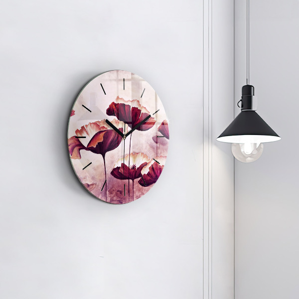 Round glass wall clock Blooming poppies