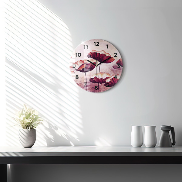 Round glass wall clock Blooming poppies