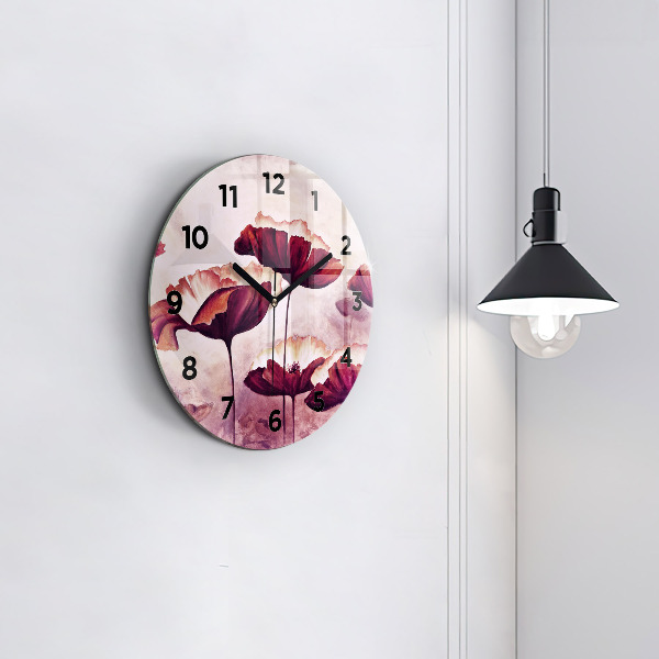 Round glass wall clock Blooming poppies