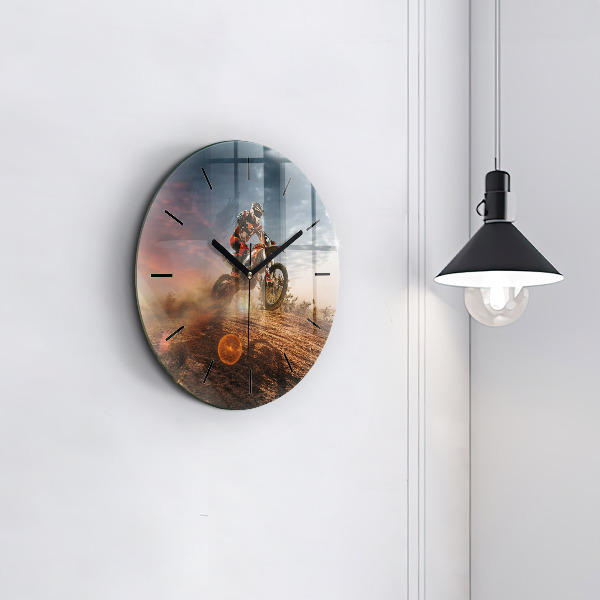 Round glass wall clock Man on a motorcycle