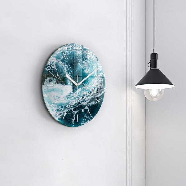Round glass wall clock Swirling foamy waves