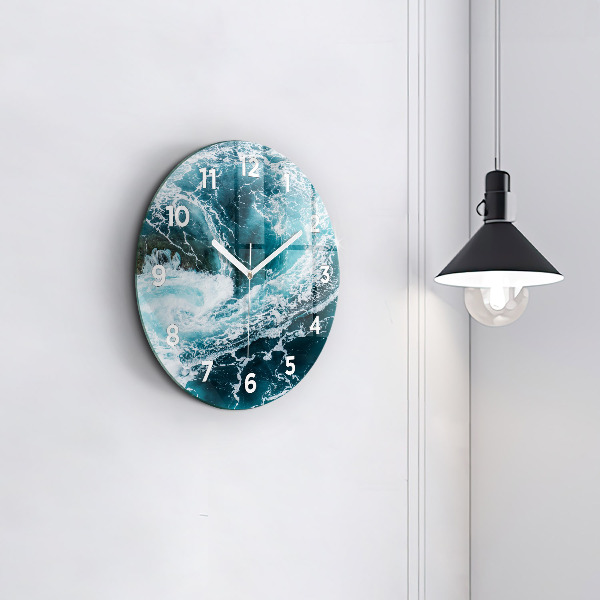 Round glass wall clock Swirling foamy waves
