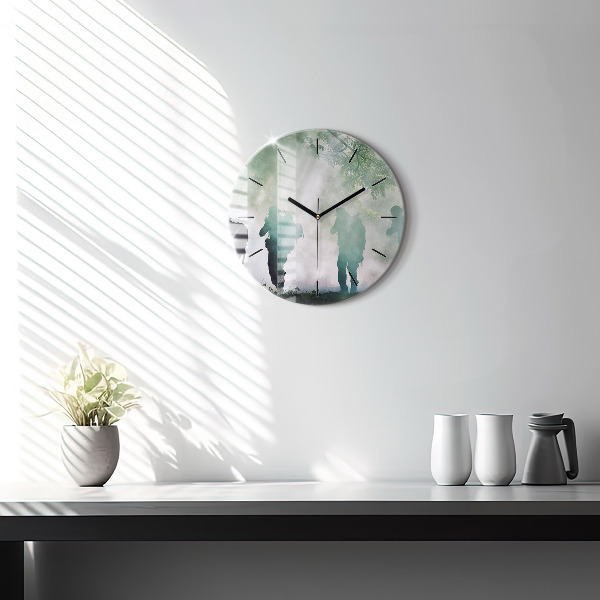 Round glass wall clock Army in the forest soldiers
