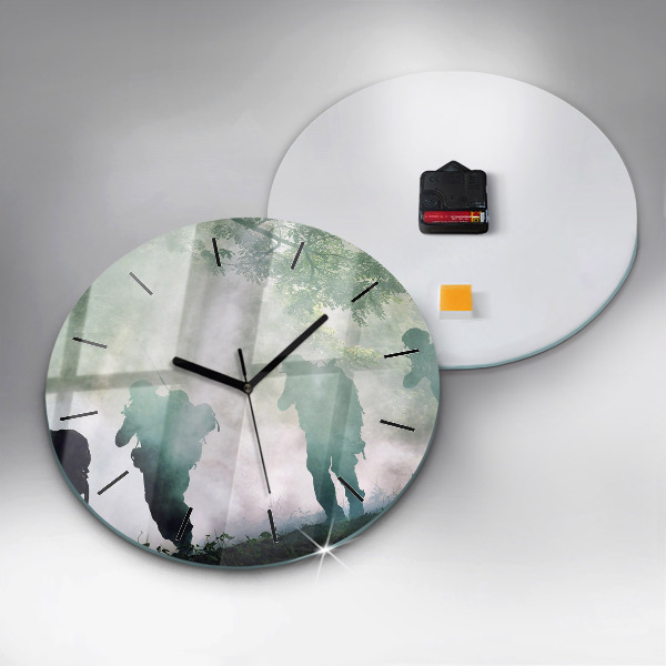 Round glass wall clock Army in the forest soldiers